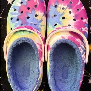 CROCS Pink and Blue Slippers with Fuzzy Lining